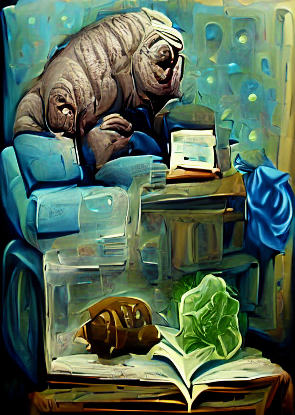 An AI-generated image of a tardigrade reading a book in a cozy room